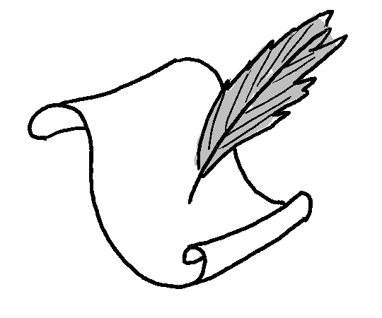 A sketch of a quill pen and a piece of paper.